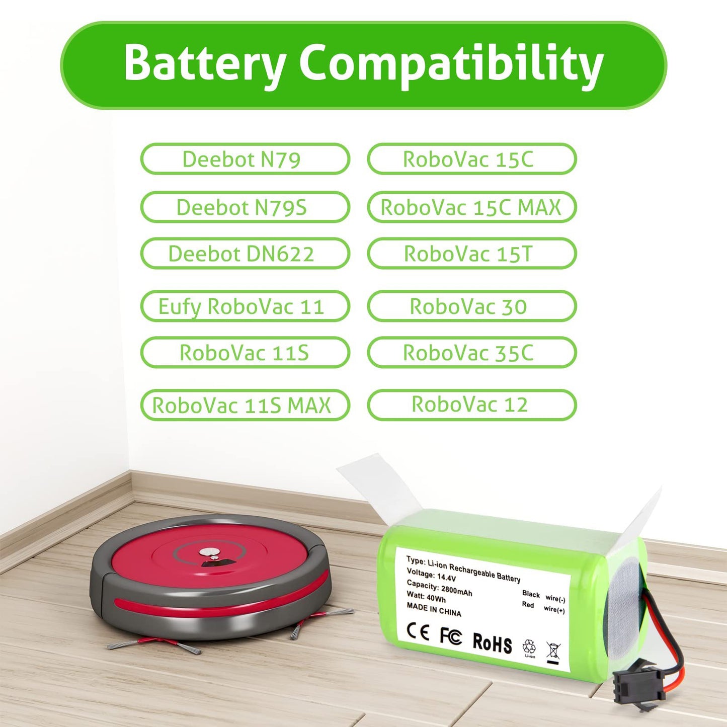14.4V 2600mAh Battery Compatible for Eufy RoboVac 11, 11S, 12, 15C, 15T, 30,30C, 35C, Ecovacs Deebot N79 N79S DN622, RoboVac 15C MAX 25C 30, Goovi F007C D380 D382, G10 G20 G30 G35 G40 Hybrid